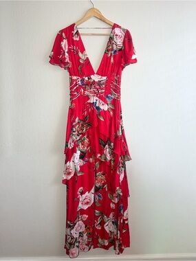AFRM Red Floral Maxi Dress | Romantic Corset Garden Party Dress | Size Small